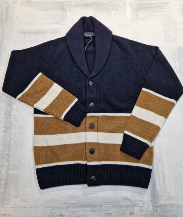 Cardigan Jeordie's 100%  lana extrafine con bande a contrasto col. Blu - immagine 2