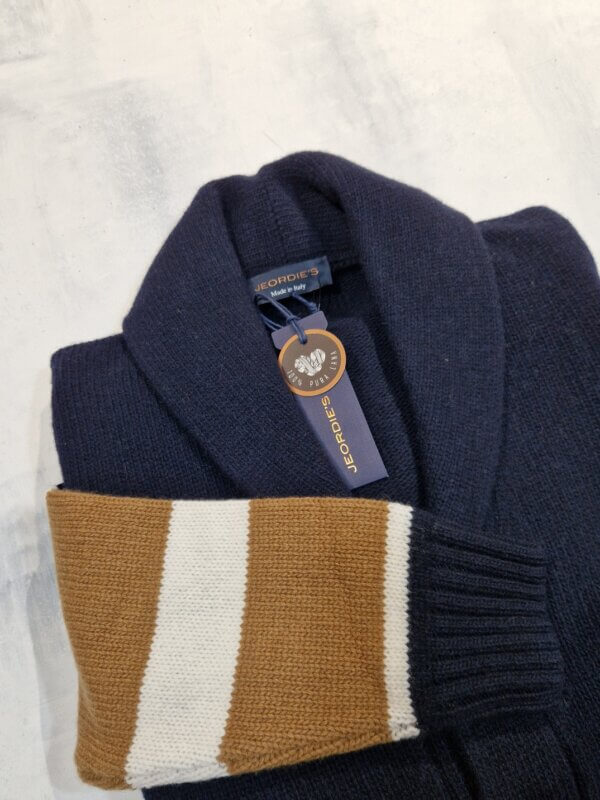 Cardigan Jeordie's 100%  lana extrafine con bande a contrasto col. Blu