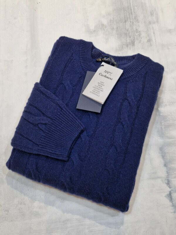 Maglione girocollo100% cashmere  treccie MONTEVERDI col. BLU APERTO - immagine 3