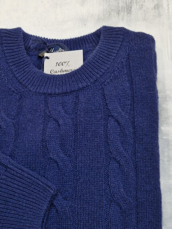 Maglione girocollo100% cashmere  treccie MONTEVERDI col. BLU APERTO - immagine 2