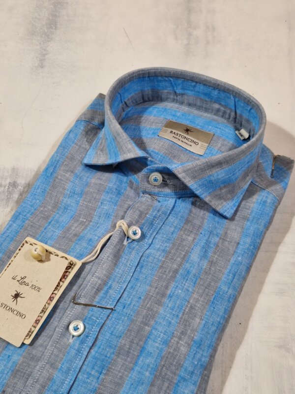 Camicia slim fit BASTONCINO riga azzurra e grigia in lino washed B4242 made in Italy