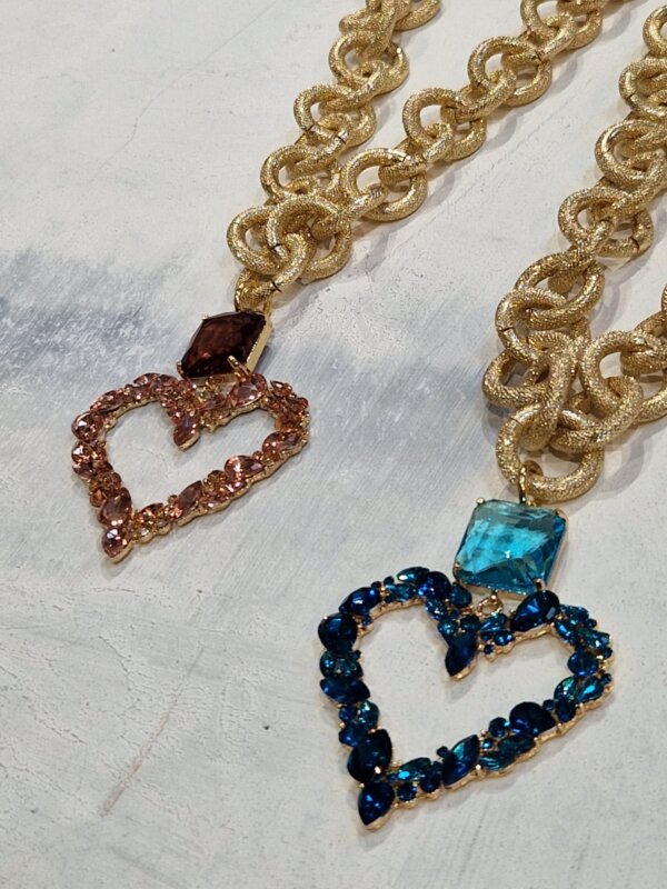 Collana Bijoux catena dorata in acciaio AMA Gioielli donna ciondolo cuore con pietre preziose