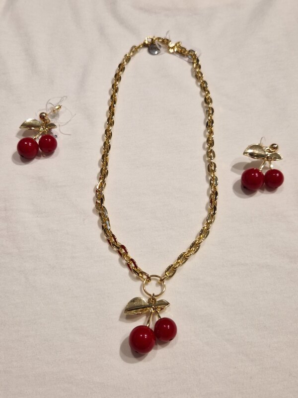 Bijoux set completo collana e orecchini in acciaio AMA Gioielli donna ciondoli in resina ciliegie