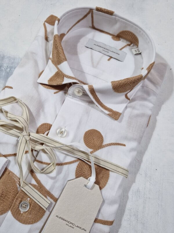 Camicia slim fit ALESSANDRO LAMURA fantasia con ricamo in lino SAM855 BIANCO
