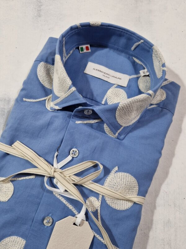 Camicia slim fit ALESSANDRO LAMURA fantasia con ricamo in lino SAM855 CELESTE