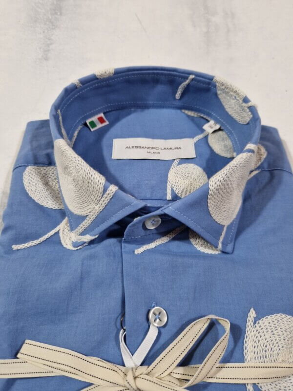 Camicia slim fit ALESSANDRO LAMURA fantasia con ricamo in lino SAM855 CELESTE - immagine 2