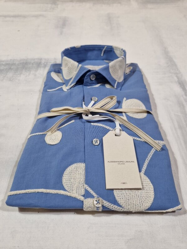 Camicia slim fit ALESSANDRO LAMURA fantasia con ricamo in lino SAM855 CELESTE - immagine 3