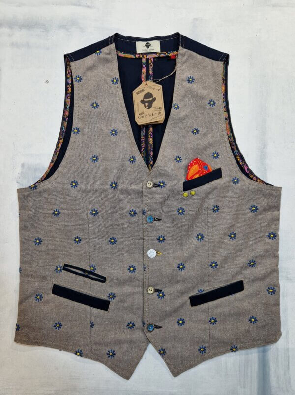 Gilet Garry's Earth ZO Dis. 16 ricamo Floreale in lino e cotone TORTORA / BLU - immagine 2