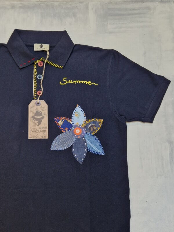 Polo Garry's Earth in cotone fantasia con inserti patch e ricami BLU - immagine 2
