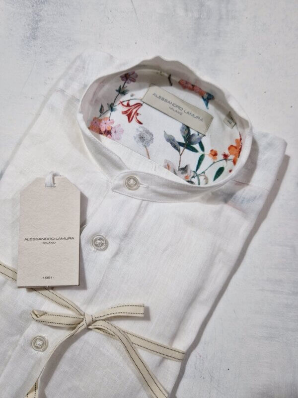 Camicia slim fit ALESSANDRO LAMURA collo alla coreana in lino dettagli floreali col. BIANCO
