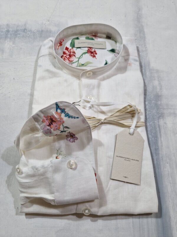 Camicia slim fit ALESSANDRO LAMURA collo alla coreana in lino dettagli floreali col. BIANCO - immagine 3