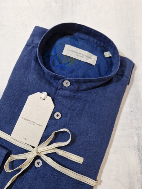 Camicia slim fit ALESSANDRO LAMURA collo alla coreana in lino dettagli floreali col. BLU