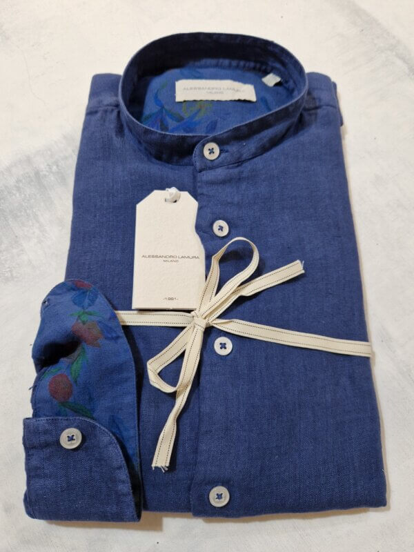 Camicia slim fit ALESSANDRO LAMURA collo alla coreana in lino dettagli floreali col. BLU - immagine 3