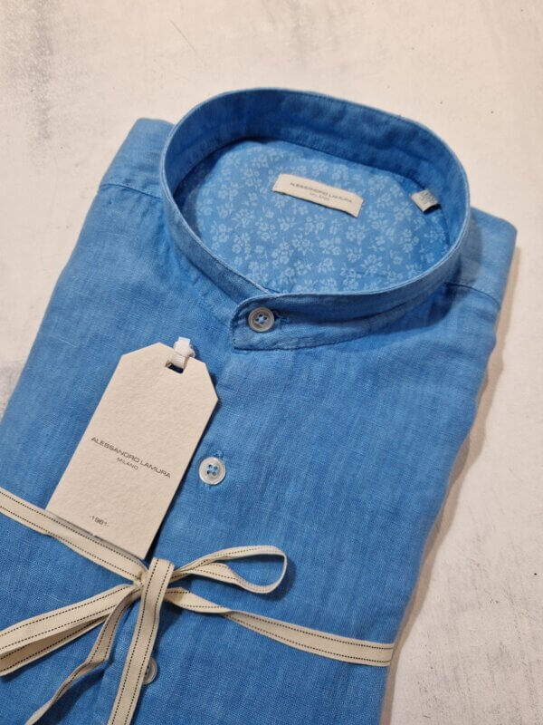 Camicia slim fit ALESSANDRO LAMURA collo alla coreana in lino dettagli floreali col. TURCHESE