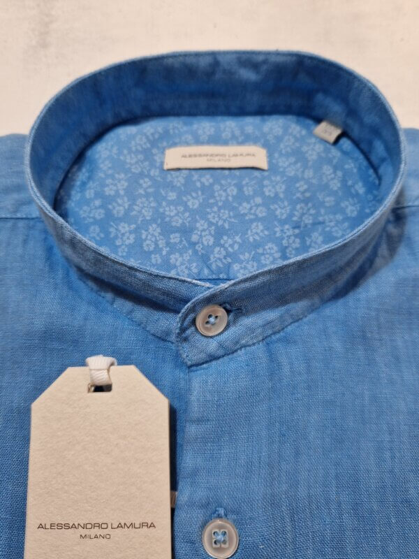 Camicia slim fit ALESSANDRO LAMURA collo alla coreana in lino dettagli floreali col. TURCHESE - immagine 2
