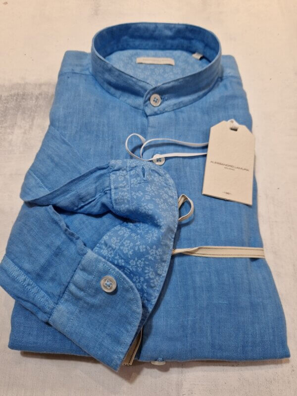 Camicia slim fit ALESSANDRO LAMURA collo alla coreana in lino dettagli floreali col. TURCHESE - immagine 3
