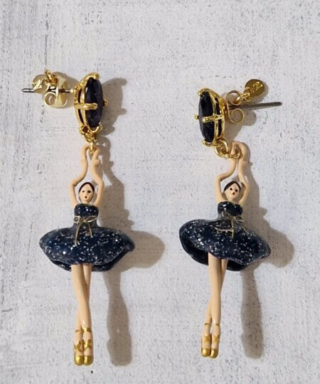 Orecchini Les Nèrèides BALLERINA con TUTU  BLU glitterato e pietra preziosa