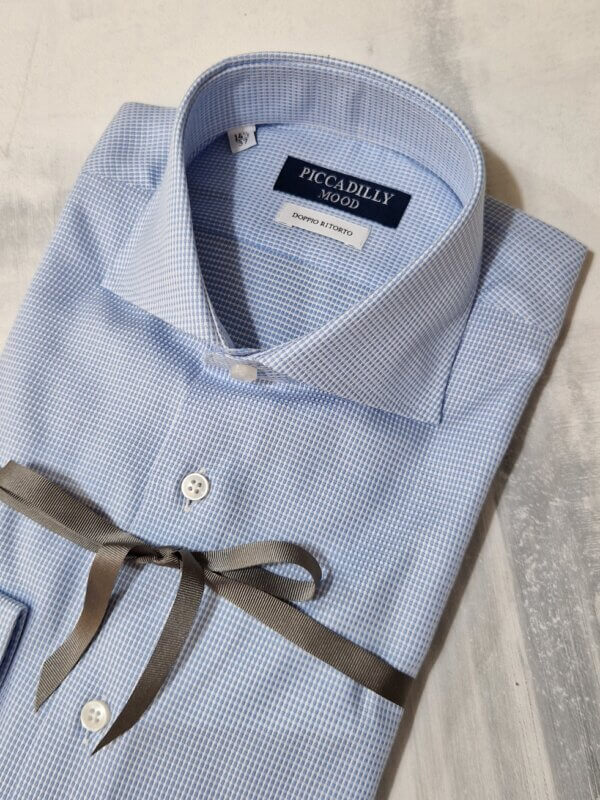 Camicia slim fit PICCADILLYMOOD cotone Doppio Ritorto trama quadretto col. AZZURRO