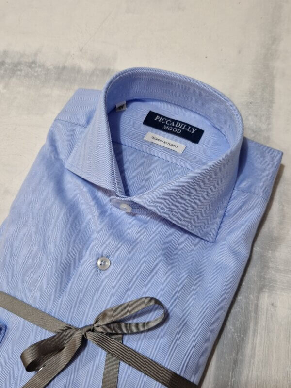 Camicia slim fit PICCADILLYMOOD cotone Doppio Ritorto trama lisca di pesce col. AZZURRO