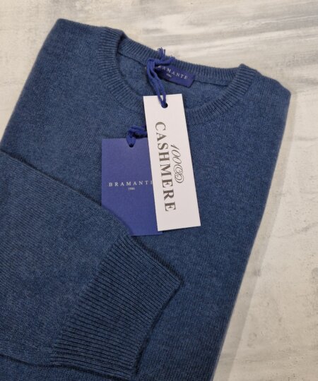 Maglione girocollo uomo BRAMANTE in 100% cashmere melange - Avio