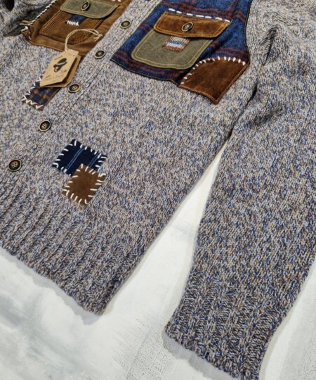 Giacca Cardigan in lana melange Garry's Earth CM Patch 303 con inserti patch e tasconi - Grigio