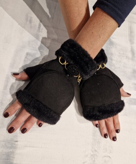 Guanti donna AMA Gioielli in ecomontone con gioiello - Black