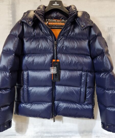 Piumino Bomber HESKIMO imbottito in vera piuma con cappuccio staccabile BLU interno ARANCIONE