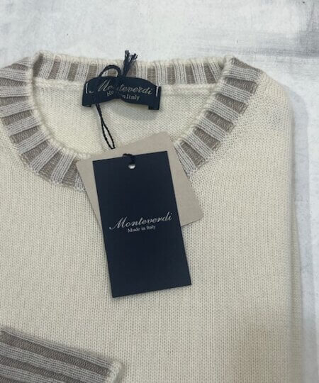 Maglione girocollo MONTEVERDI in 100% lana merinos extrafine finezza 7 col. Panna