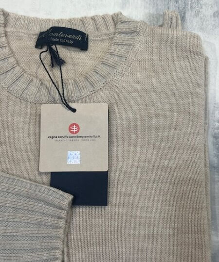 Maglione girocollo MONTEVERDI in 100% lana merinos extrafine finezza 7 col. Beige