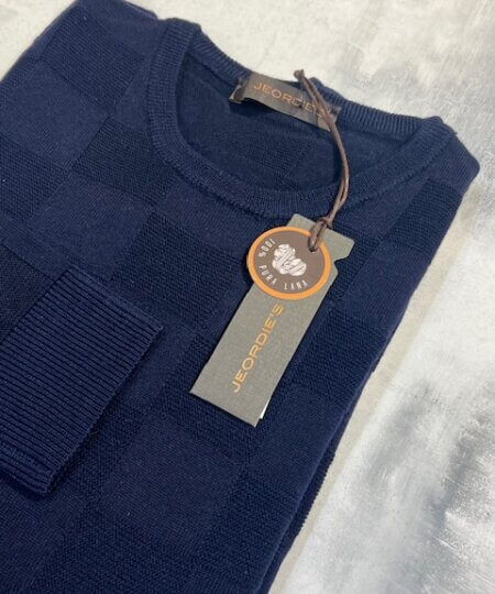 Maglia girocollo JEORDIE'S lana extrafine 100% lavorata disegno geometrico col. blu navy