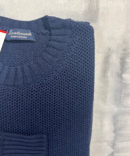 Maglione girocollo punto mimosa MONTEVERDI in 100% lana merinos extrafine col. Blu