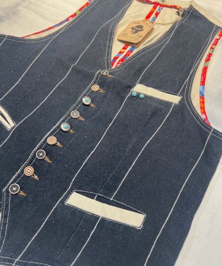 Gilet Garry's Earth ZAD 21 in lino e cotone Blu gessato / Panna