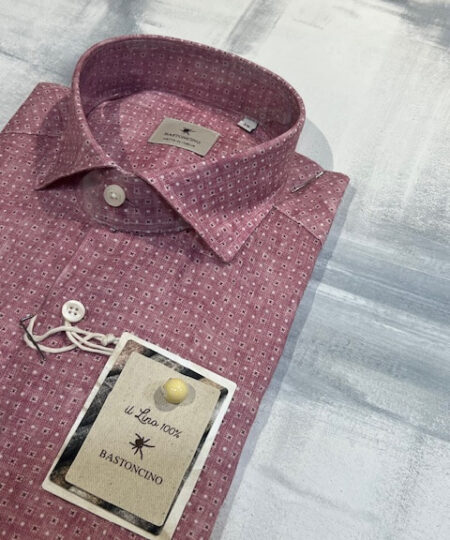 Camicia BASTONCINO fantasia geometrica ciliegia in lino lavato 4746