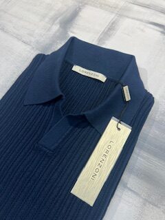 Polo manica corta LORENZONI in cotone colletto smedley senza bottoncini lavorata coste - Blu 490