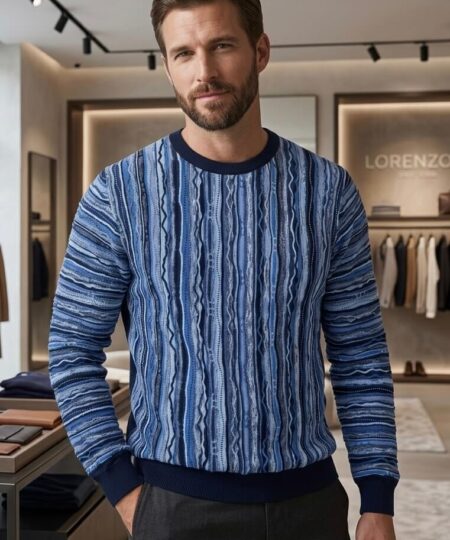 Maglia girocollo LORENZONI in misto cotone lavorato fantasia - Blu/Azzurro 490