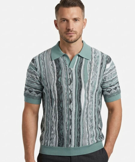 Polo manica corta LORENZONI in misto cotone colletto smedley senza bottoncini lavorata fantasia - Salvia/Bianco/Nero 500