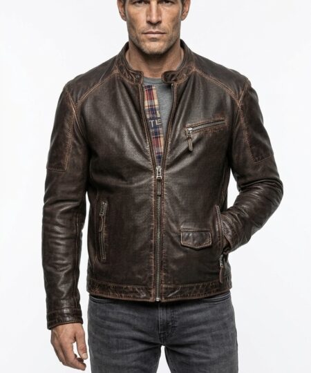 Giubbino Biker THE JACK LEATHERS in vera pelle laserata con interno check scozzese BANDIT PERFO - Testa di Moro