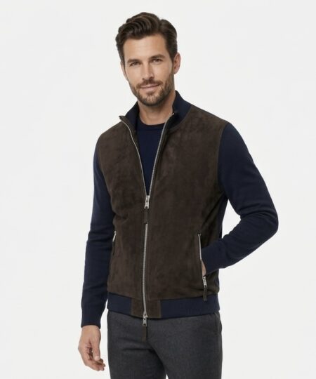 Giubbino  THE JACK LEATHERS in pelle scamosciata e tessuto DEREK KNIT - Testa di Moro / Blu
