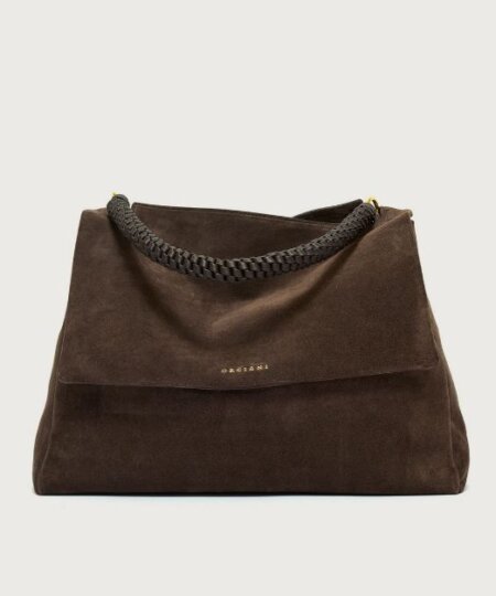 ORCIANI Borsa Sveva Peach XL a spalla in suede con tracolla - testa di moro