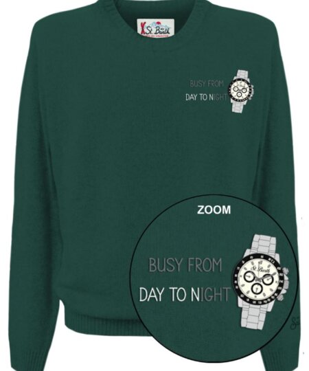 Maglione MC2 Saint Barth girocollo Heron Light con ricamo ''BUSY FROM DAY TO NIGHT"