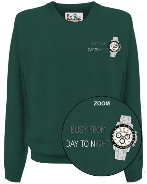 Maglione MC2 Saint Barth girocollo Heron Light con ricamo ''BUSY FROM DAY TO NIGHT"