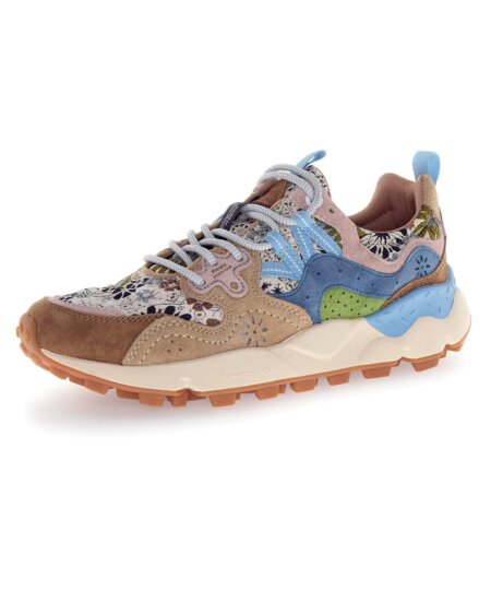 Sneakers FLOWERMOUNTAIN Yamano 3 Woman suede/jaquard flowers print light brown-beige-light blue