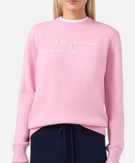 Maglione MC2 SAINT BARTH donna New Queen in misto cashmere rosa con ricamo Non vivo senza Te(lefono)