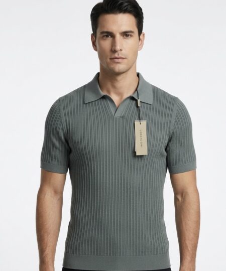 Polo manica corta LORENZONI in cotone colletto smedley senza bottoncini lavorata coste - Salvia 550