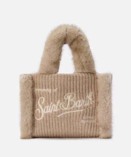 Borsa donna MC2 Saint Barth morbida a mano Vanity mini shearling rib in misto lana a trecce BEIGE
