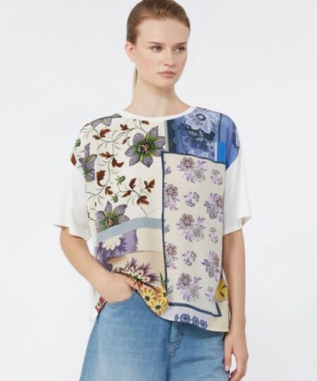 Weekend Max Mara - T-Shirt in seta stampata e jersey di cotone stretch  WKDPAMPAS - Multicolor